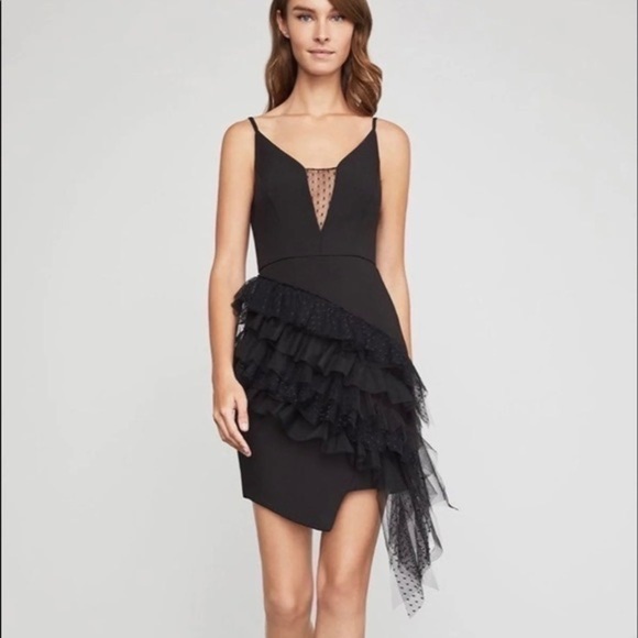BCBGMaxAzria Womens Black Asymmetrical Dot Mesh Ruffle Sheath Mini Dress Size 0 - Picture 1 of 16